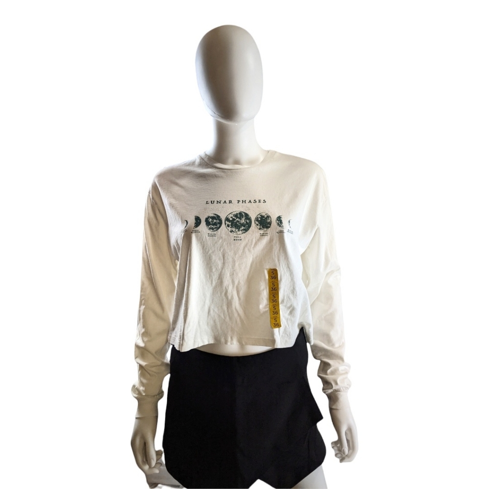 Pull & Bear Crew Neck Long Sleeve Crop Top White S